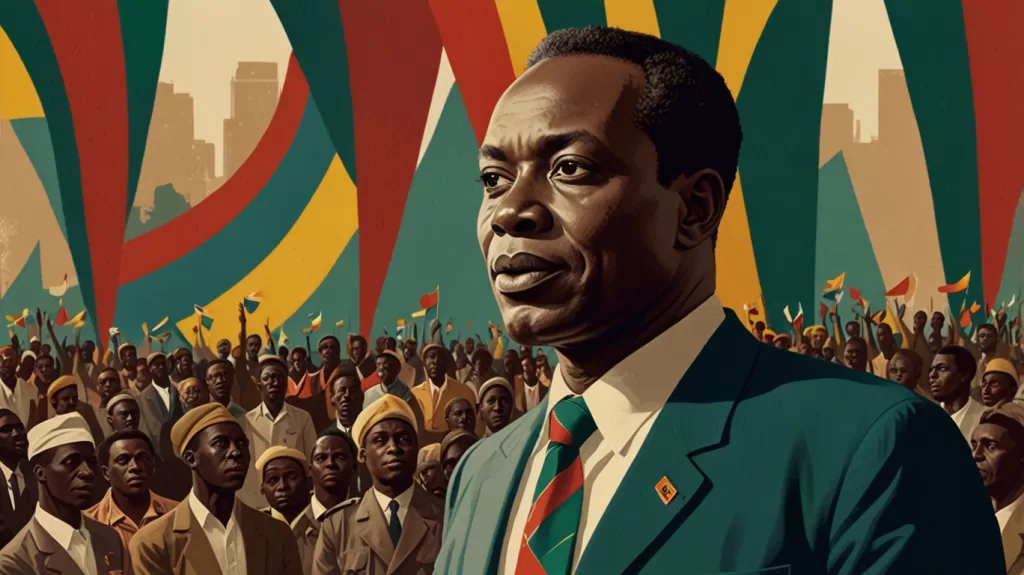 Retrato imaginativo de um líder africano carismático em um cenário pós-independência, representando o surgimento de figuras visionárias na política africana.