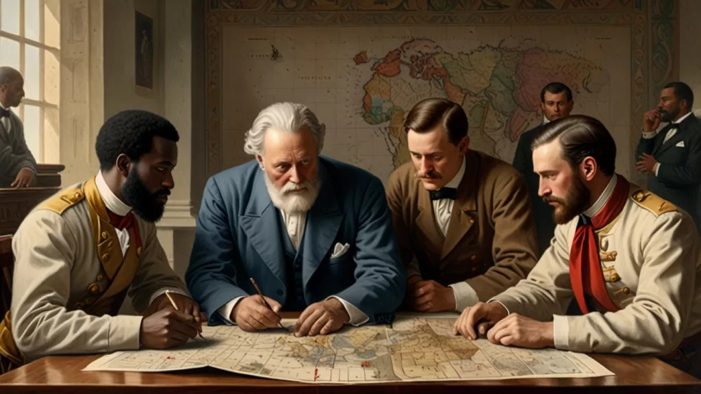 Ilustração de uma reunião colonial, com figuras europeias em um mapa da África, simbolizando a divisão do continente durante a Partilha da África